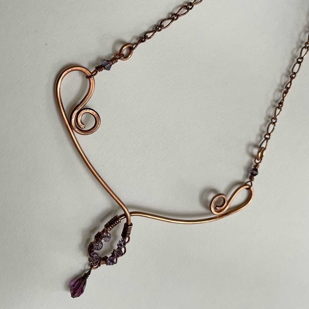 Copper Scroll Necklace Beaded Plum and Lilac Crystals Elegant Rustic‎ Handmade - Picture 11 of 14